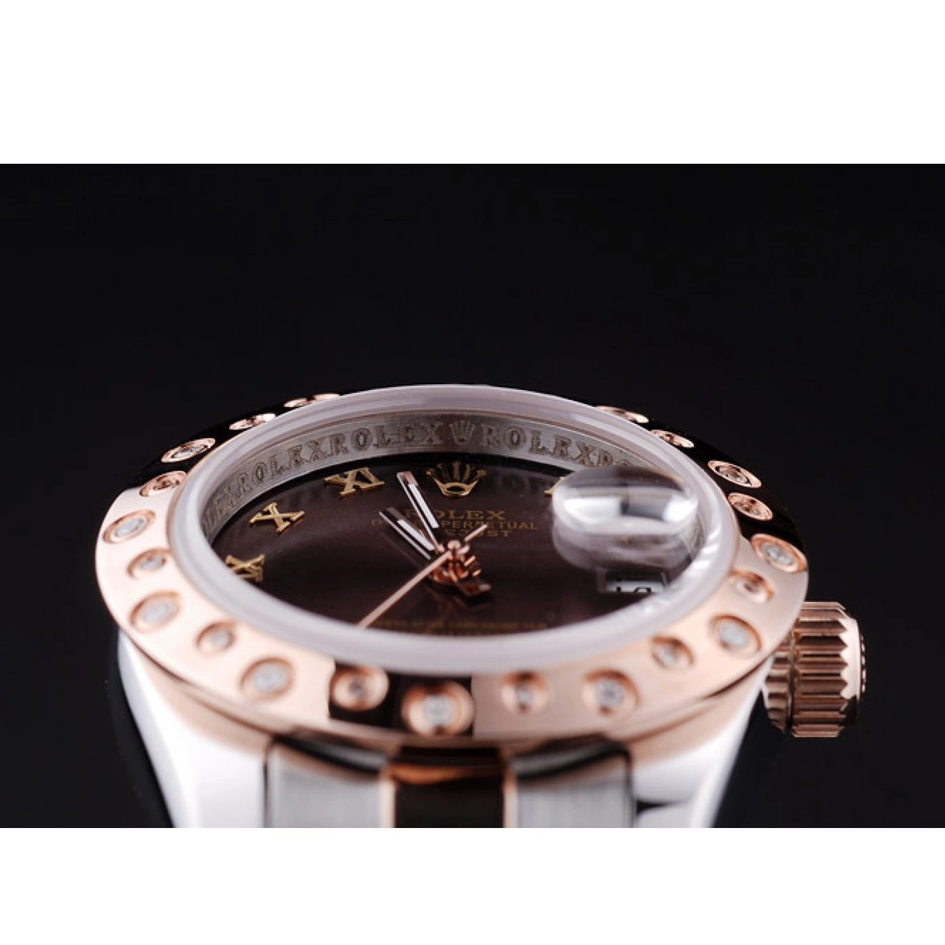 Aaa fake watches Gold Bezel Rose Brown Rolex Dial Polished Datejust Diamonds 7475 0825